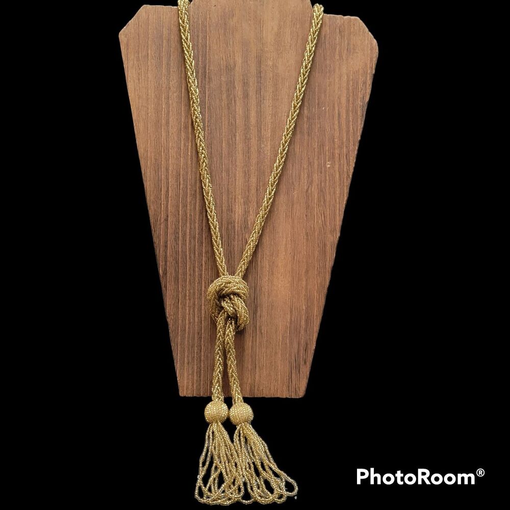 Golden Amber Seed Bead Knot Lariat w/ Tassel Chain Y Necklace 22.5"